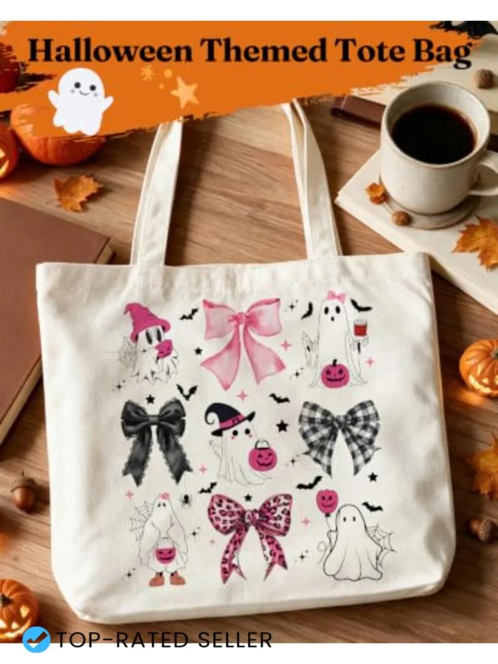 Halloween Ghost Tote Bag - Reusable Canvas Shopping Bag
